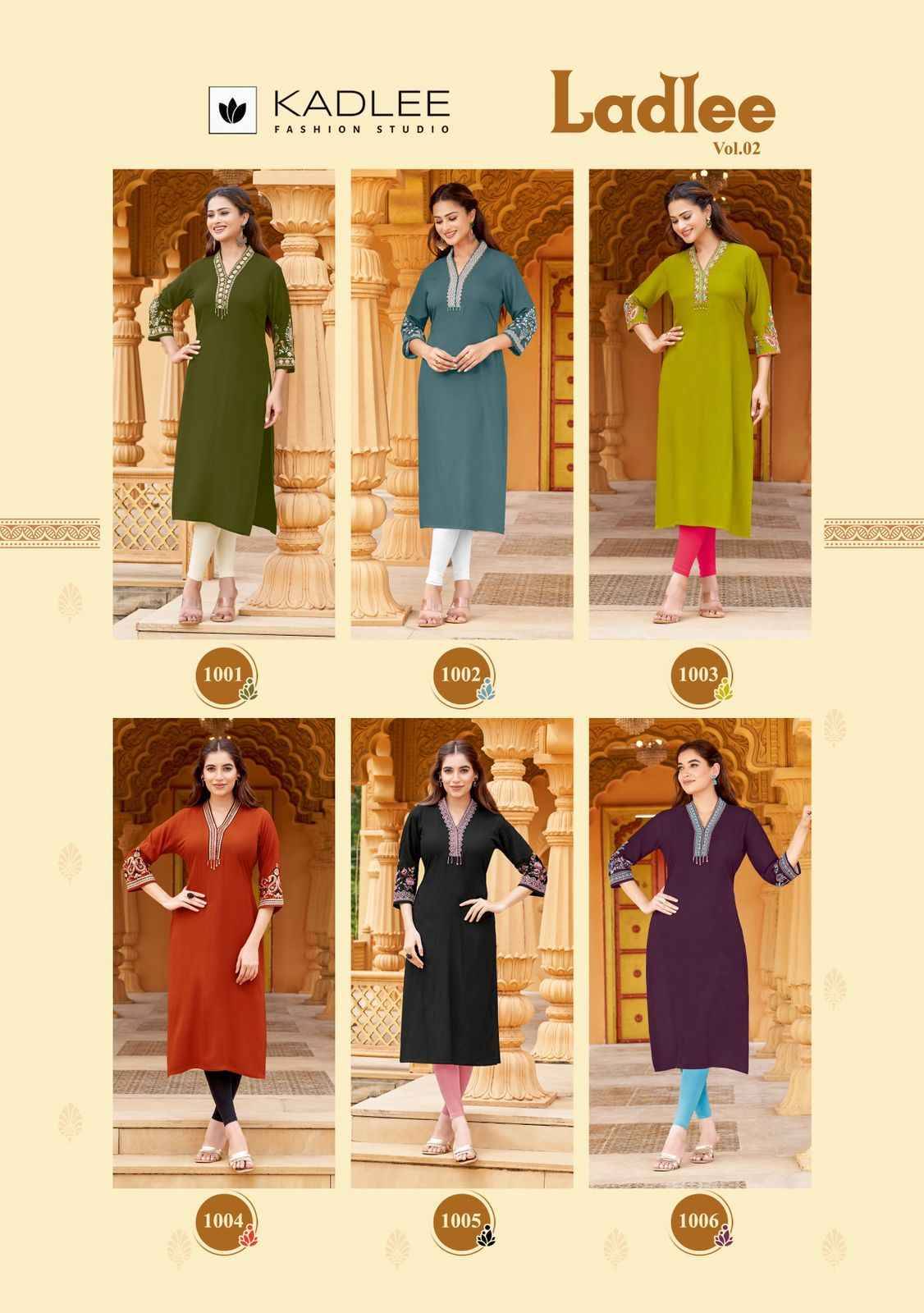 Ladlee Vol 2 By KADLEE 1001 to 1006 Series Designer Casuals Wear Collection Rayon Kurtis With Tread & Hand work At Wholesale Price